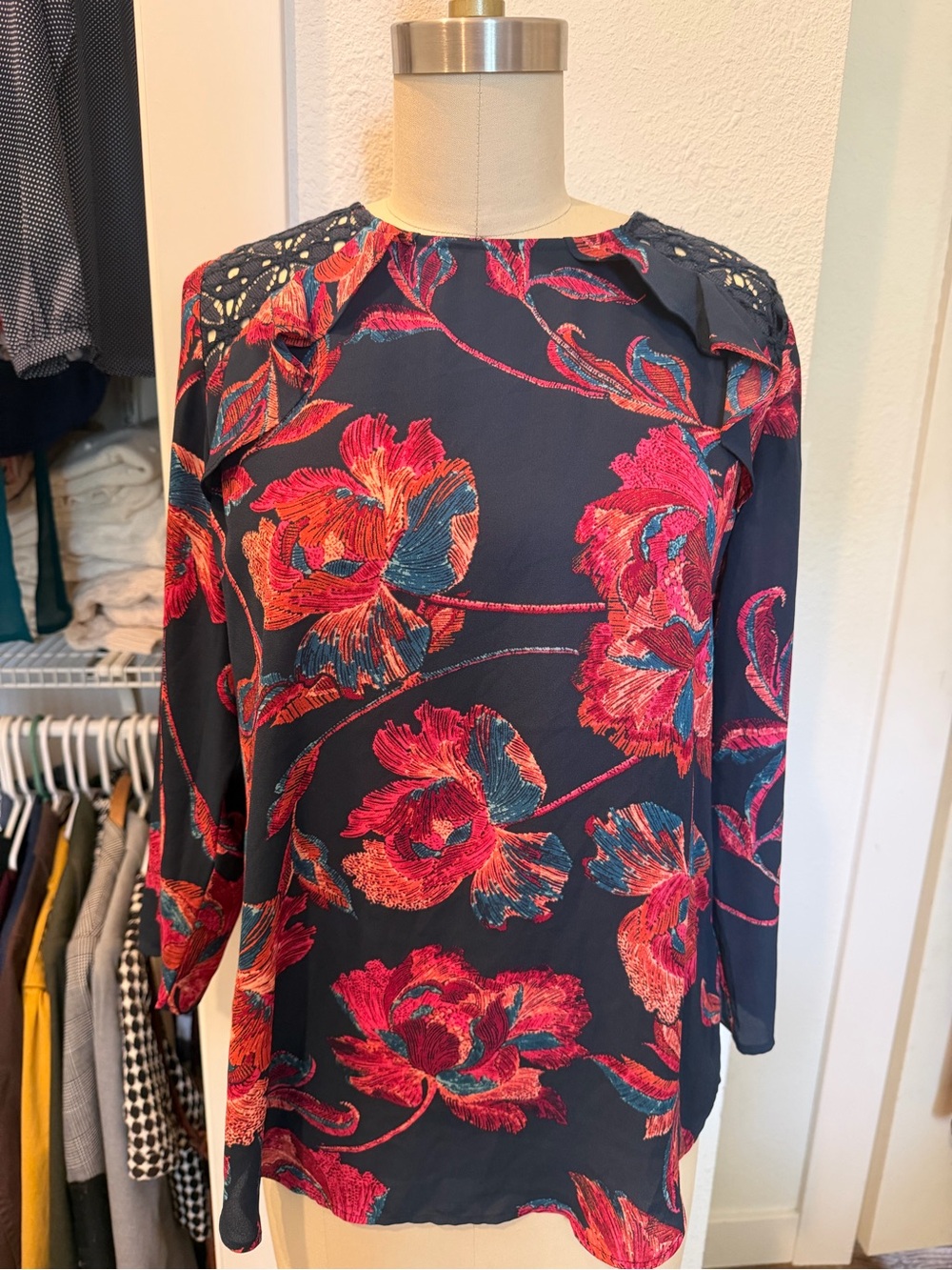 Women's Navy Floral Blouse with Lace Yoke